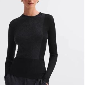 NWT Reiss jude HYBRID WOOL-SILK KNIT sheer blocking mix L black charcoal